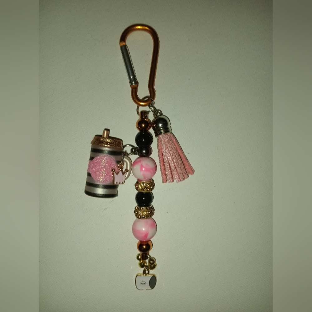 Pink and Black Key Holder with Tassel and Beads